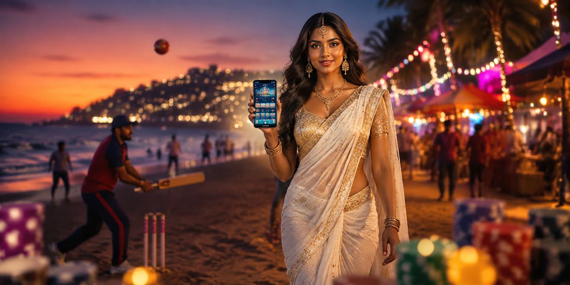 Goa beach cricket betting scene with traditional attire